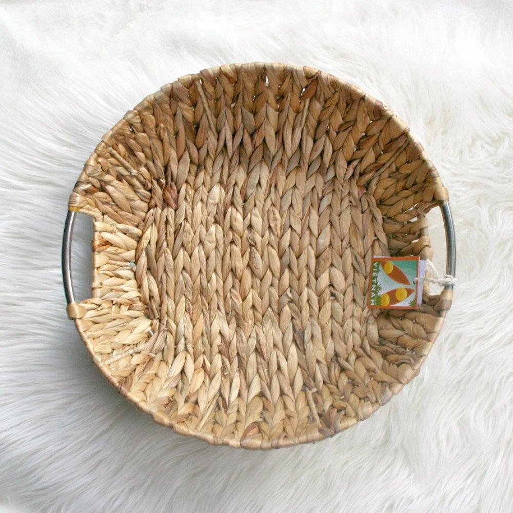 Wooven basket silver handles round tray boho NWT